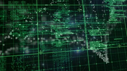 Poster - Animation of green grid and particles forming dna helix over processing green data, on black