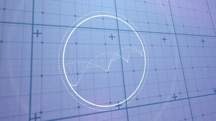 Poster - Animation of circular scanner with rotating dna helix over blue grid on grey background