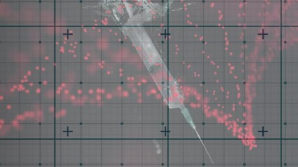 Poster - Animation of blue grid over red particles forming dna helix and syringe on grey background