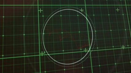 Poster - Animation of green grid over circular scanner with rotating red dna helix, on black background