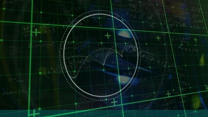 Poster - Animation of green grid over circular scanner with rotating dna helix and equations, on black