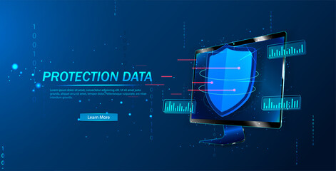 Poster - Cyber security, data protection, cyberattacks concept on blue background. Database security software development. Online security concept. Laptop protected with shield. Vector illustration