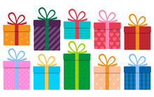 Set Of Colorful Gifts, Many Different Boxes With Bows. Vector Illustration.