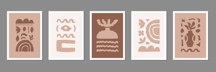 Poster - Inspired Matisse set posters with brown cutting organic shapes and objects. Modern creative minimal design. Vector illustration	