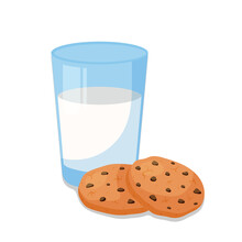 A glass of milk and two oatmeal cookies with chocolate chips. Vector illustration in flat cartoon style.