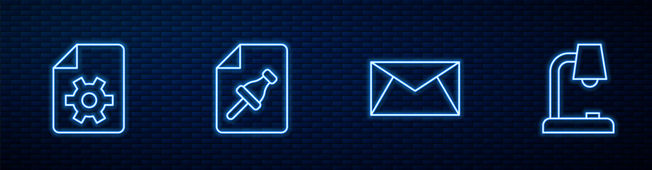 Poster - Set line Mail and e-mail, Document settings, Note paper with push button and Table lamp. Glowing neon icon on brick wall. Vector