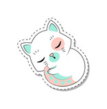 Fototapeta  - Cat sleep sticker. Little kitten curled up in ball. Graphic elements for printing on childrens clothing. Sweet dreams, comfortable rest, recuperation, coziness. Cartoon flat vector illustration