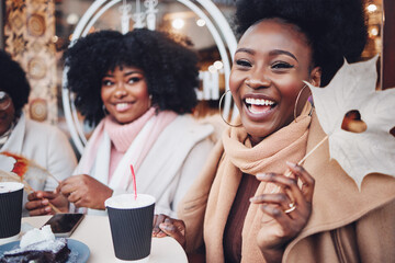 Happy African American Friends Sitting in Outdoor Cafe on Christmas Holidays