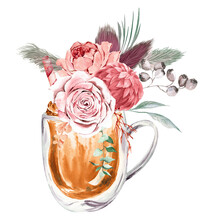 Watercolor Coffe Cup With Pink  Florals Bouquets. Peach Roses, Boho Flowers. Great For Feminine Logo, Cafe Menu, Banner, Stickers. Autumn Cup Of Coffee