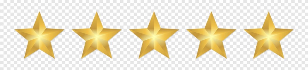 Wall Mural - 5 stars icon realistic gold. five star sign isolated on transparent background, rating symbol. vector illustration