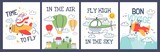 Fototapeta Pokój dzieciecy - Cartoon baby t shirt prints with airplane and air balloons. Cute animal pilot in plane. Kid travel poster with aircraft transport vector set