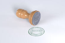 Green Superior Quality Stamp With Wooden Rubber Stamper Isolated On White Background Certified Organic Text.