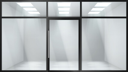 Glass entrance door. Shopping center mall entrance automatic doors with reflection and black frame