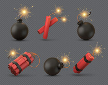 Realistic 3d Bomb, Tnt And Dynamite Sticks With Burning Fuse. Explosive Military Weapon Or Firecrackers With Wick. Black Bombs Vector Set