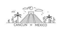 Cancun Lineart Illustration. Cancun Line Drawing. Modern Style Cancun City Illustration. Hand Sketched Poster, Banner, Postcard, Card Template For Travel Company, T-shirt, Shirt. Vector EPS 10