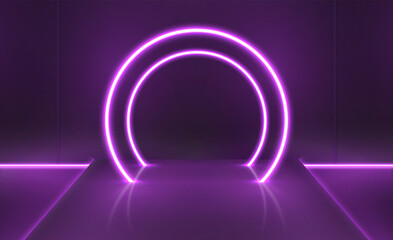 Poster - purple neon futuristic digital stage with circle light arch. showcase for technology product present