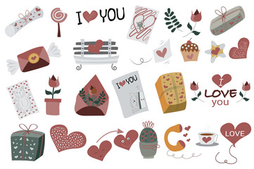 Poster - Valentines Day isolated elements set. Bundle of holiday decor, romantic letters, love hearts, flowers, gifts, dating bench, cakes and other. Creator kit for vector illustration in flat cartoon design