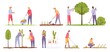 © Tartila - Flat people characters planting trees and flowers in garden. Ecology volunteers with shovels and rakes. Farm and gardening worker vector set