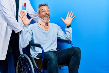 Sticker - Handsome middle age man with grey hair on wheelchair wearing cervical collar celebrating crazy and amazed for success with arms raised and open eyes screaming excited. winner concept