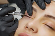 Permanent make up eyeliner procedure, applying on young girl. Close-up. Young beautiful woman making permanent makeup in cosmetology salon. Young girl applying permanent eyeliner in beauty studio