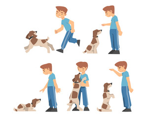 Sticker - Young Boy Training His Dog Teaching Him Sitting on Command Vector Set