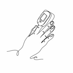 Wall Mural - Vector continuous one single line drawing icon of hand using fingertip pulse oximeter in silhouette on a white background. Linear stylized.