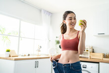 Asian Beautiful Woman Feel Happy After Lose Weight For Health In House. 