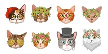 Cat Heads. Cute Funny Cats Avatar Muzzles With Accessories. Portraits With Flower Crown, Hats And Glasses. Ladies And Gentlemen Hipster Animals. Fashion Trendy Print. Vector Set
