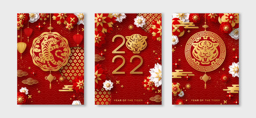 Wall Mural - Posters Set for 2022 Chinese New Year. Hieroglyph translation - Tiger. Vector illustration. Asian Clouds, Lantern, Gold Pendant and Paper cut Flowers on Red Background. Place for Text.