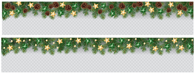 Wall Mural - Vector border with white fir branches and with festive decoration elements on transparent background. Christmas tree garland with fir branches, pine cones, and glass decoration