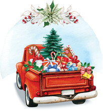 Watercolor Christmas Red Truck Full Of Gifts And Treats