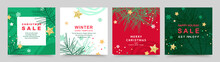 Winter Holidays Square Templates.Winter Sale Social Media Post Frame. Merry Christmas And Happy New Year Set Of Backgrounds, Greeting Cards, Posters, Covers. Vector Illustration 