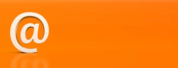 6500X2500 Pixel. Orange background, mail 3D Render Design Element Email Sign, At Symbol, Panoramic image.
