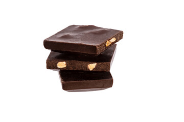 Poster - three pieces of chocolate with nuts lie side by side isolated on white background