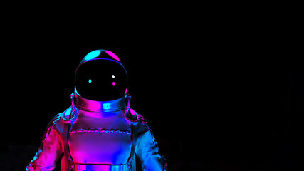 Wall Mural - astronaut with colorful visor and white spacesuit with pink and blue moody 80s lighting front, 3d re