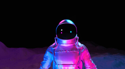 Astronaut with Colorful Visor and White Spacesuit with Pink and Blue Moody 80s lighting Front, 3d rendering.
