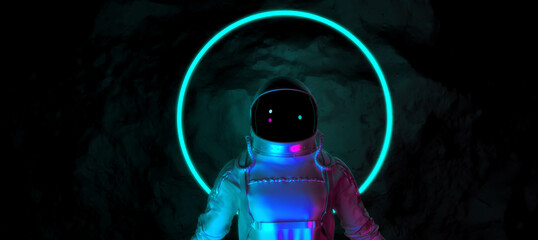 Wall Mural - astronaut with colorful visor and white spacesuit with blue moody 80s lighting front, neon circle. 3