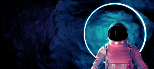Wall Mural - astronaut with colorful visor and white spacesuit with blue moody 80s lighting front, neon circle. 3