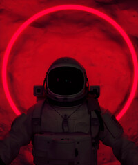 Wall Mural - astronaut with colorful visor and white spacesuit with pink and blue moody 80s lighting front, neon 