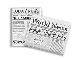 Canvas Print - Fresh festive new year and merry christmas newspaper edition. Realistic vector illustration of black and white newspaper layout.