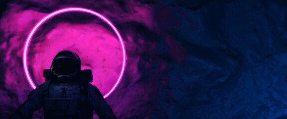 Wall Mural - astronaut with colorful visor and white spacesuit with pink and blue moody 80s lighting front, neon 