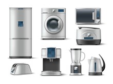 Realistic Kitchen Appliance. 3D Consumer Electronics. Metallic Grey Color Washer And Refrigerator. Electric Kettle And Blender. Isolated House Coffee Maker. Vector Household Machines Set