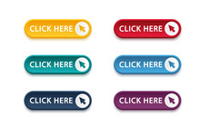 Click Here Button With Arrow Pointer Clicking Icon. Click Here Vector Web Button. Web Button With Action Of Arrow Pointer. Click Here, UI Button Concept. Vector Illustration