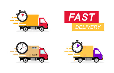 Wall Mural - Fast delivery trucks set. Express delivery, quick move. Transport services concept. Fast shipping trucks for apps and websites. Cargo van moving fast. Vector illustration.