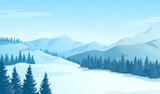 Fototapeta Na ścianę - Winter landscape with snowy mountains and pine trees. Vector illustration. Blue Christmas background.