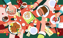 Christmas Festive Dinner With Hands Of People, Decorated Table Top View. Delicious Traditional Holiday Dishes On Plates. Flat Family Celebrating Thanksgiving Day And Eating Delicious Food Together.