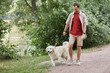 © Seventyfour - Full length portrait of smiling man walking dog outdoors in Summer at green park, copy space
