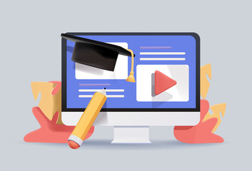 Online education on website. Application learning. Computer with open pages. 3D Vector Illustrations.