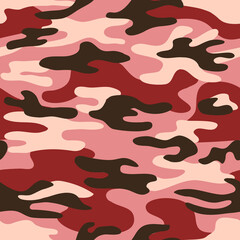 Wall Mural - Seamless classic camouflage pattern. Camo fishing hunting vector background. Masking red brown pink color military texture wallpaper. Army design for fabric paper vinyl print