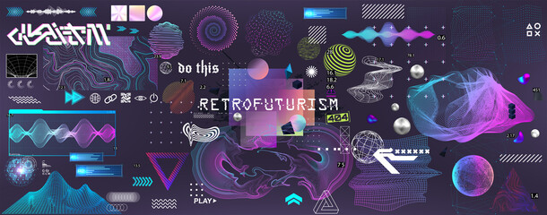 Retrofuturistic 3D trendy collection. Trendy elements in vaporwave style from 80s-90s. Old wave cyberpunk concept. Shapes design elements for disco genre, retro party. Neon glitch shapes. Vector set